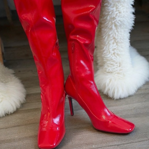 NWOT Gorgeous Red Hot Square toe red patent 4” INC thigh high boots Stiletto - Picture 1 of 17
